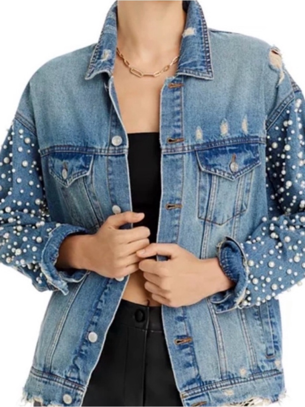 Sunset + Spring Distressed Pearl Denim Jacket